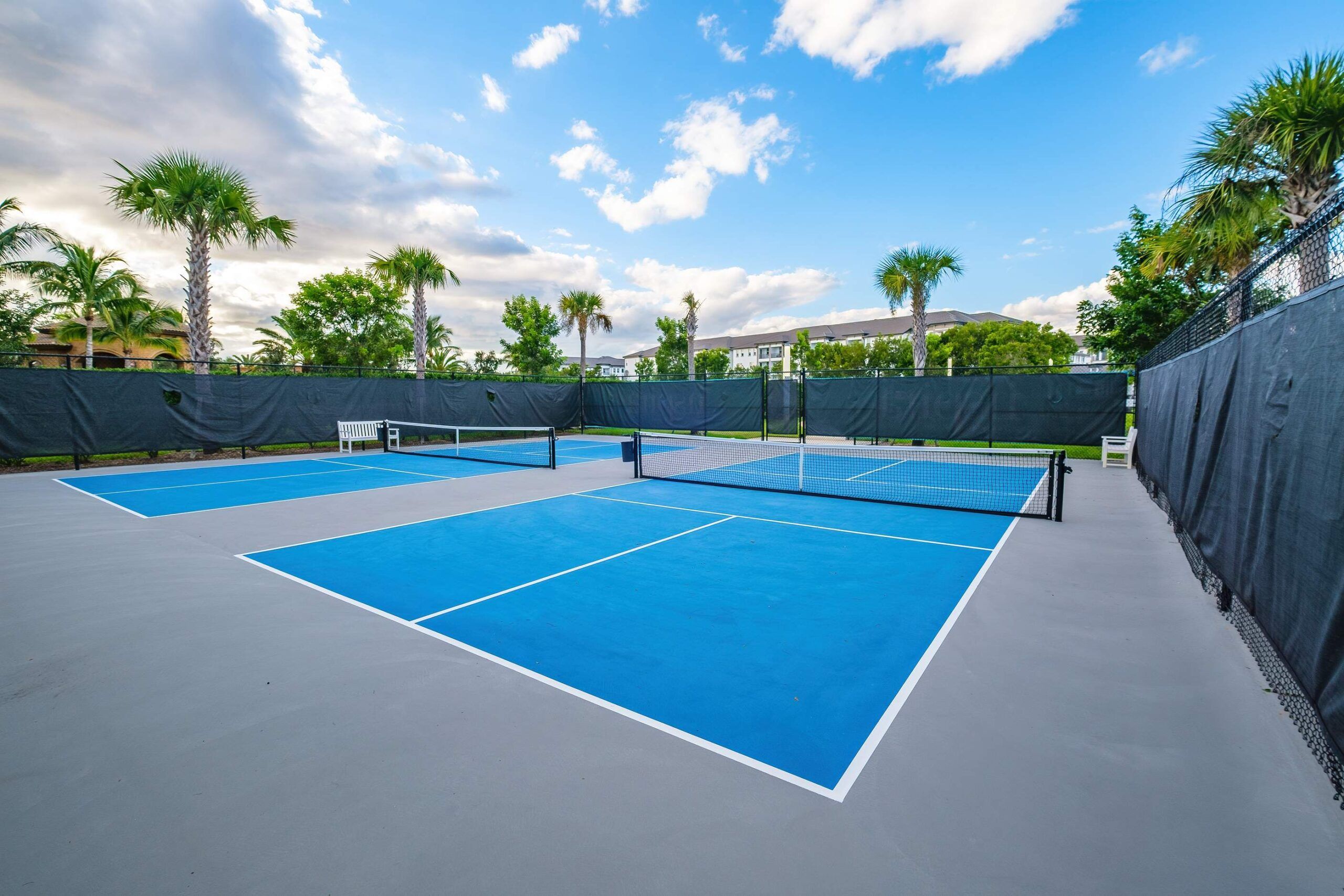 Outdoor blue tennis court with black fences, palm trees, and a partly cloudy sky in the background.
